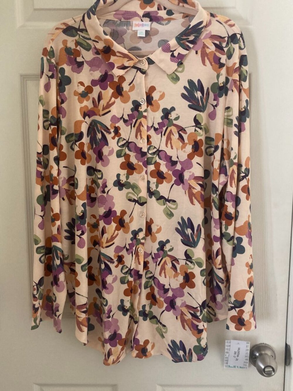 NWT LuLaRoe Valentina Floral Button Down Shirt Top 2XL Purple Rust Beige